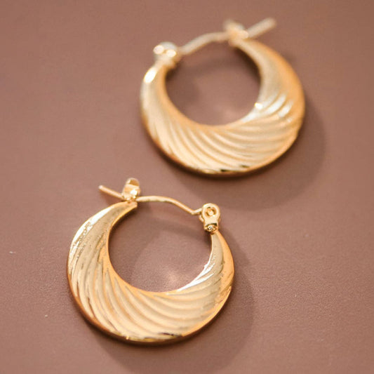 Paw Drazzel Boutique Women's Jewelry, 18K Gold Plated, Waterproof Stainless Steel, Textured, Croissant Crescent Hoop Earrings