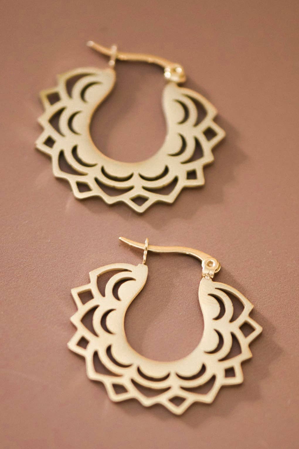 Paw Drazzel Boutique Women's Jewelry, 18K Gold Plated, Waterproof Stainless Steel, Hypoallergenic, Mandala Cutout Hoop Earrings