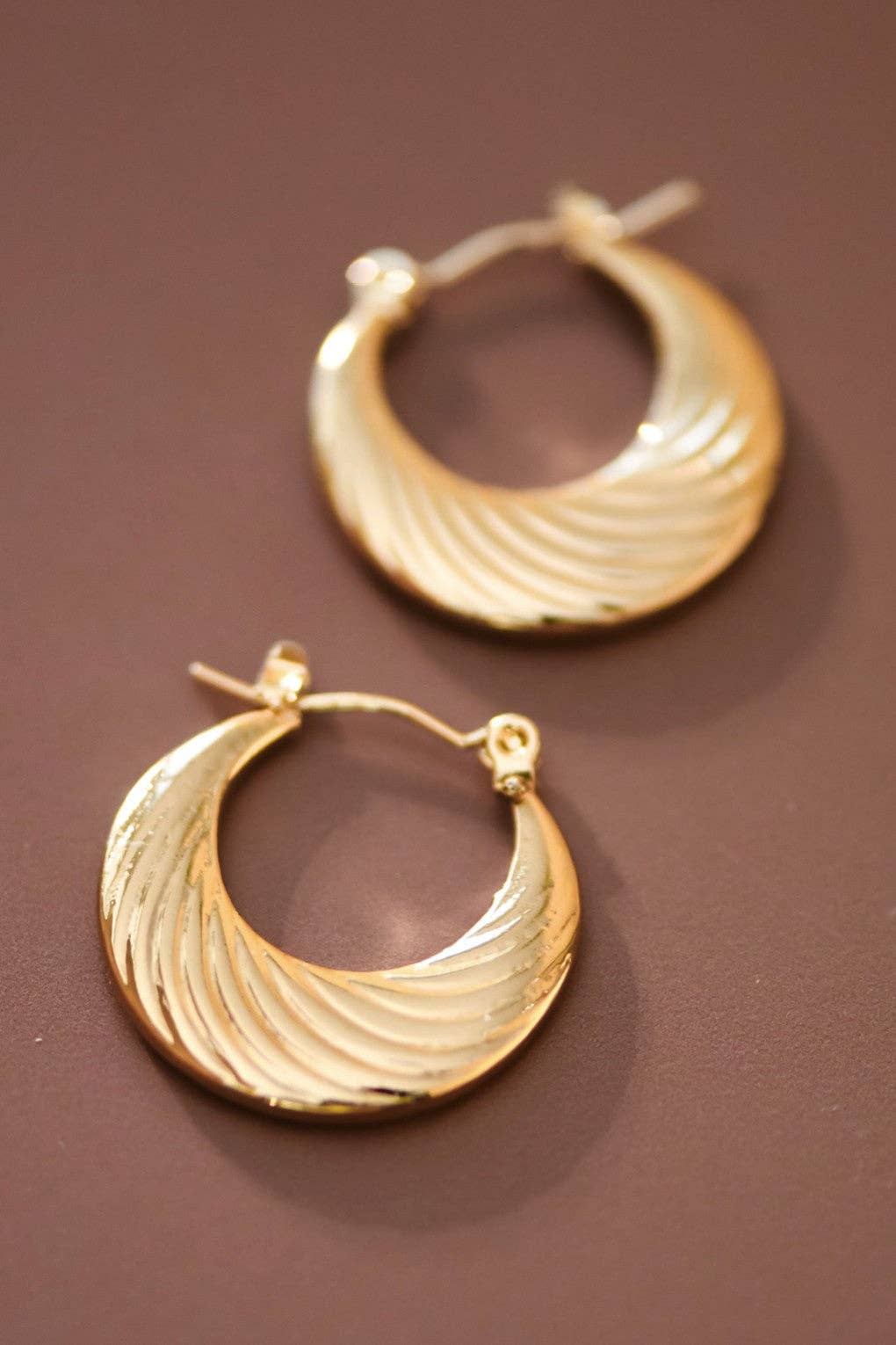 Paw Drazzel Boutique Women's Jewelry, 18K Gold Plated, Waterproof Stainless Steel, Textured, Croissant Crescent Hoop Earrings