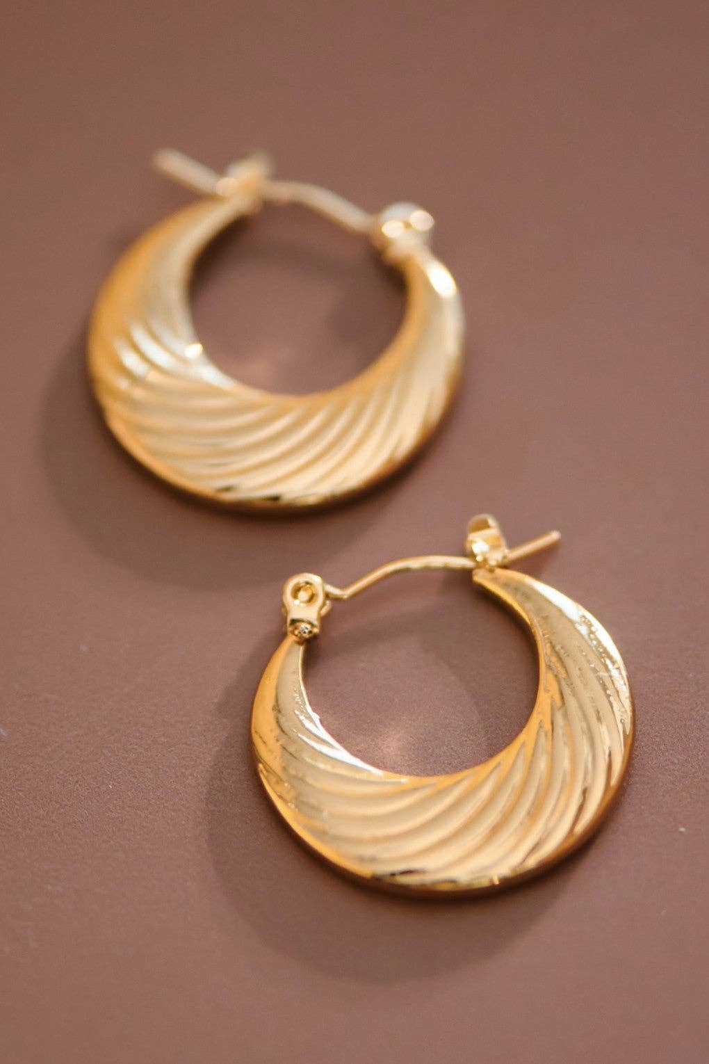 Paw Drazzel Boutique Women's Jewelry, 18K Gold Plated, Waterproof Stainless Steel, Textured, Croissant Crescent Hoop Earrings