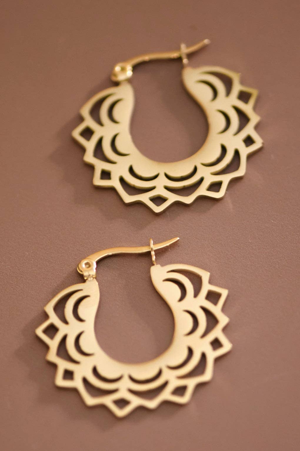 Paw Drazzel Boutique Women's Jewelry, 18K Gold Plated, Waterproof Stainless Steel, Hypoallergenic, Mandala Cutout Hoop Earrings