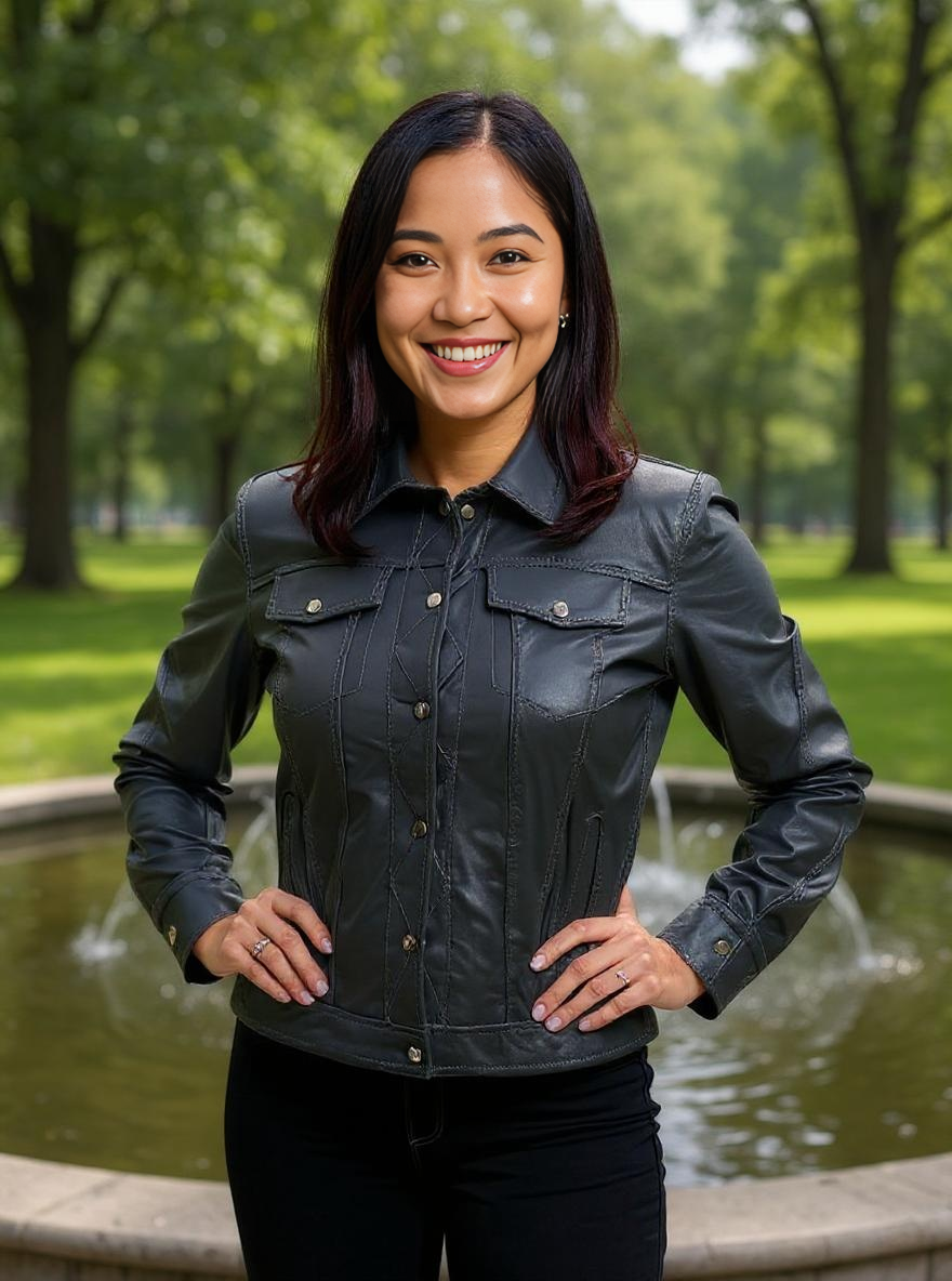 Paw Drazzel Boutique Women's Black Fitted, Snap-Front, Trucker Napa Leather Jacket