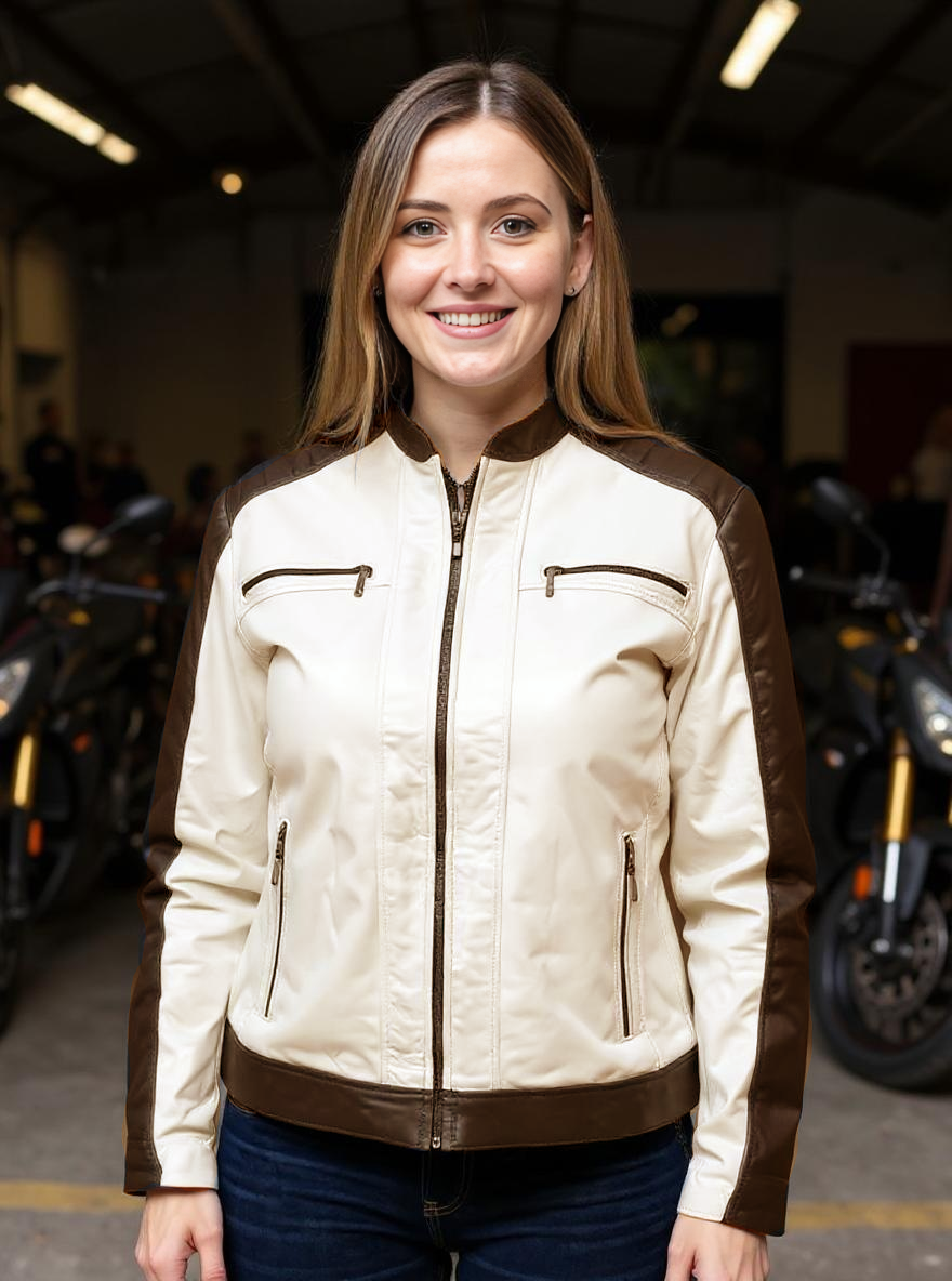 Paw Drazzel Boutique Women's Two-Tone, Zip-Up, Napa Leather Café Racer Jacket