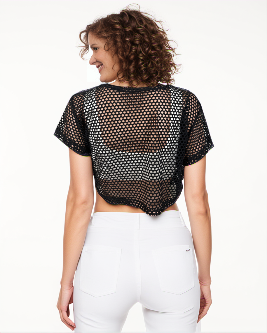 Paw Drazzel Boutique Women's Athletic Wear, Short Sleeve, Wide Neck, Open Sheer Crop Top