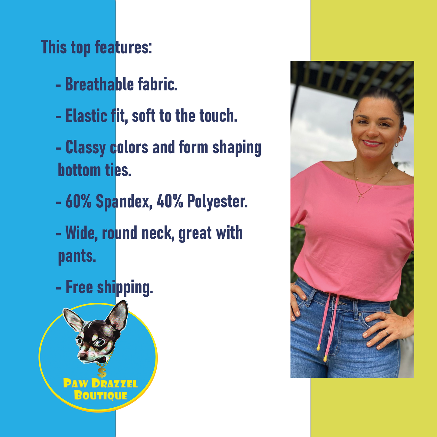 Paw Drazzel Boutique Women's Casualwear, Open Shoulder, Short Sleeve, Round Wide Neck Blouse