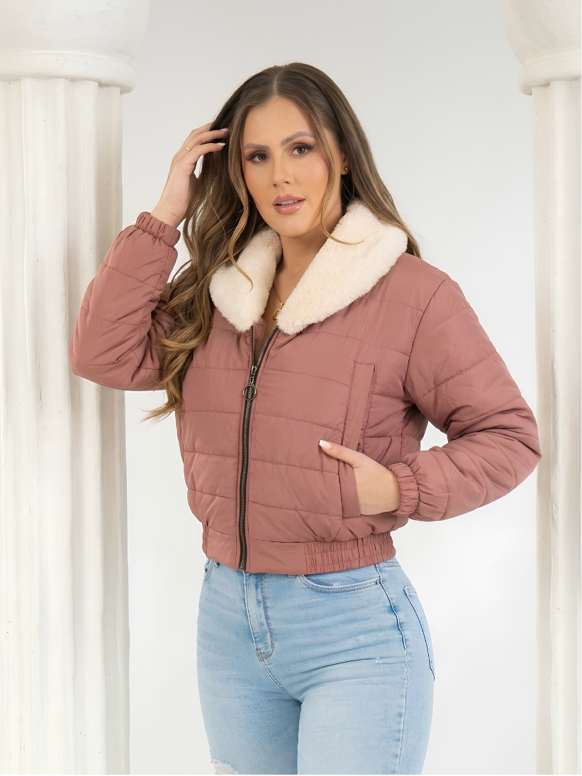 Paw Drazzel Boutique Women's Cropped Puffer Jacket, Faux Fur Collar, Casual Outerwear