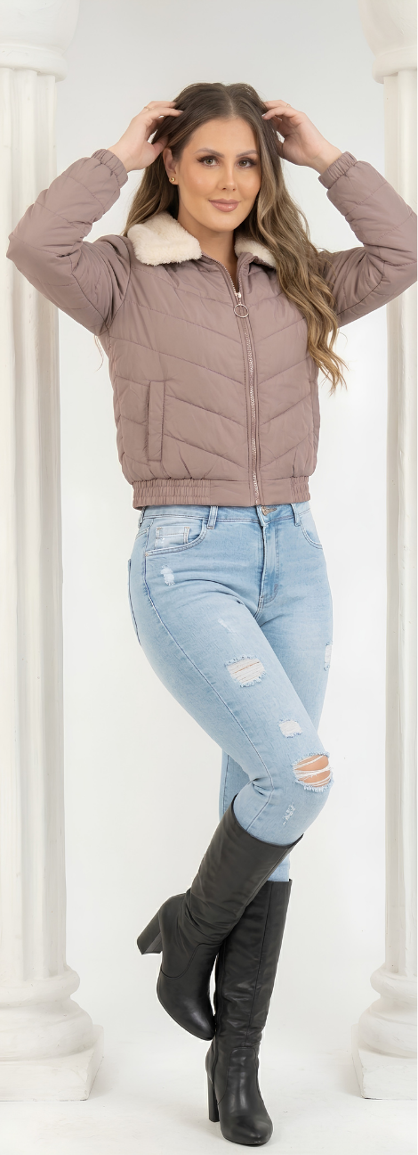 Paw Drazzel Boutique Women's Cropped Puffer Jacket, Faux Fur Collar, Casual Outerwear