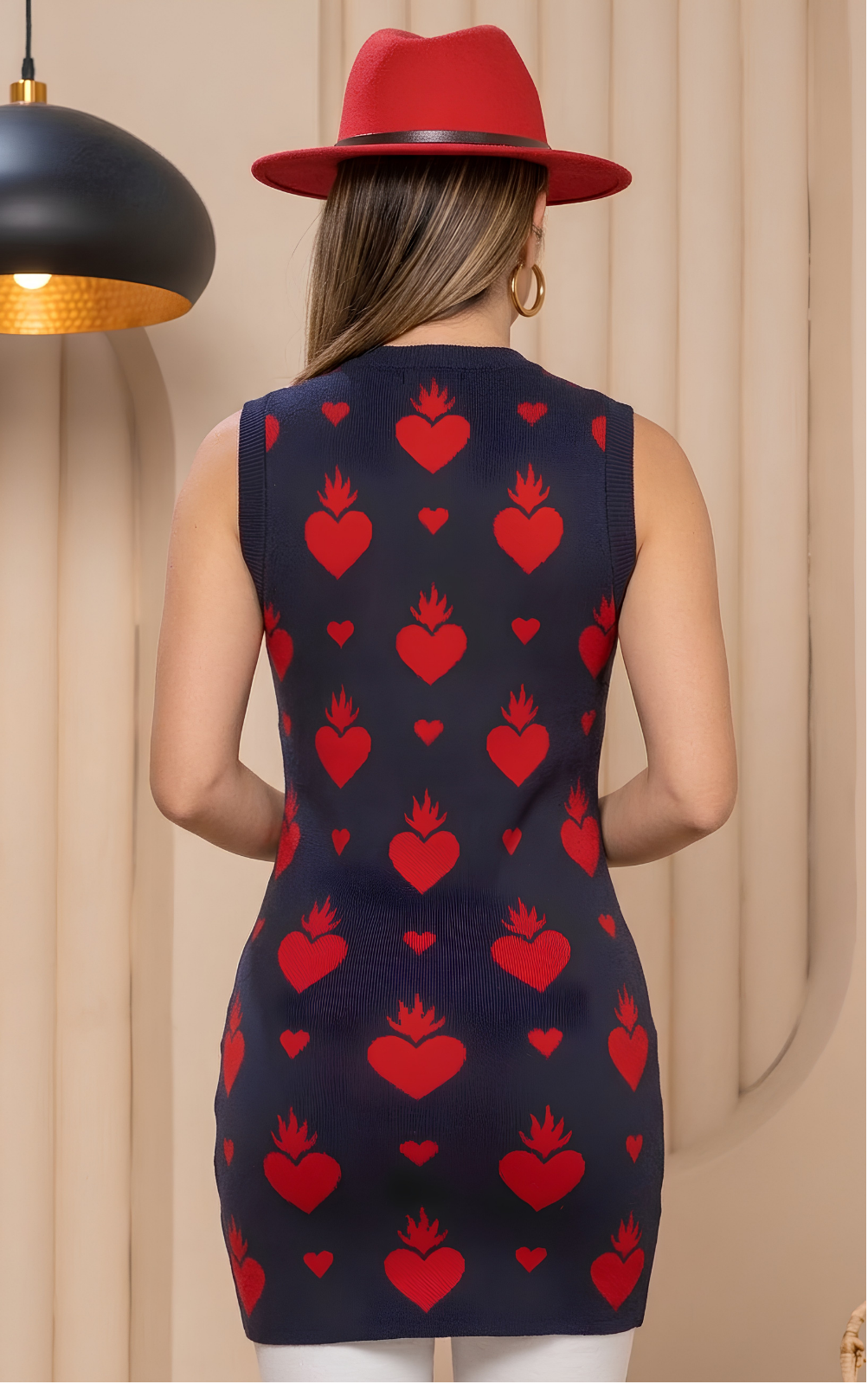 Paw Drazzel Boutique Women's Casualwear, Sleeveless Knit Tunic Top, Sacred Heart Pattern, Crew Neck Stretch Tank Sweater