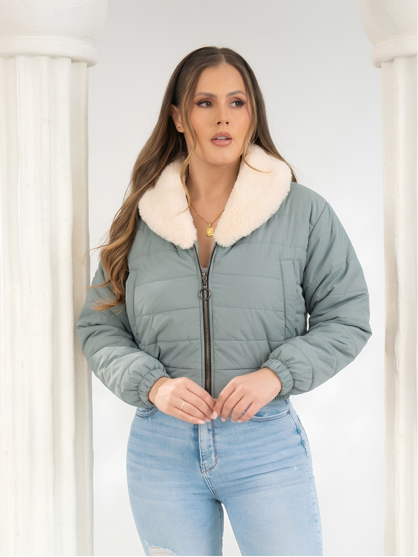 Paw Drazzel Boutique Women's Cropped Puffer Jacket, Faux Fur Collar, Casual Outerwear