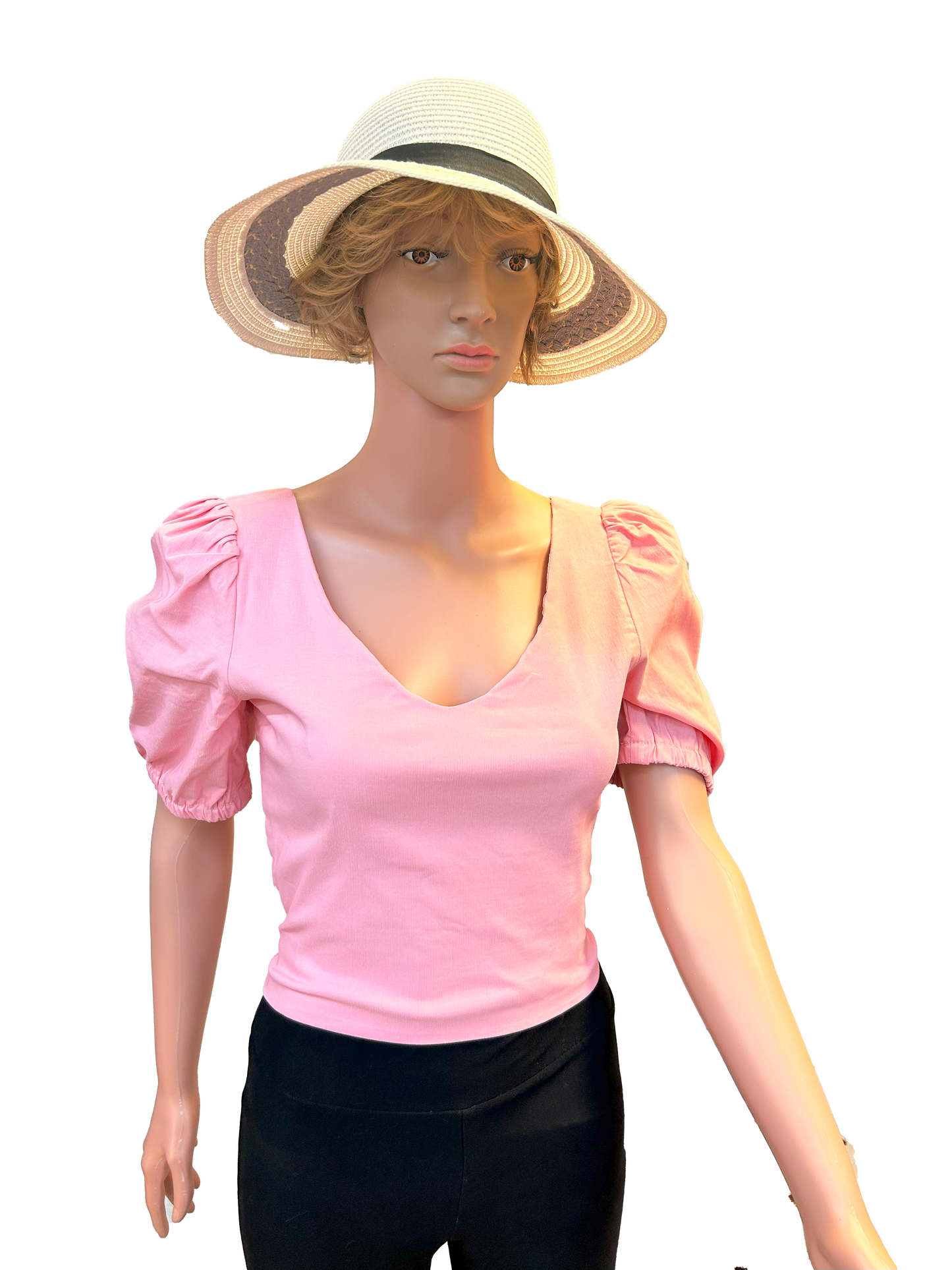 Paw Drazzel Boutique Women's, Casualwear, Semi-Puffed Shoulder, Short Sleeve, Double Back Tie-Down Blouse