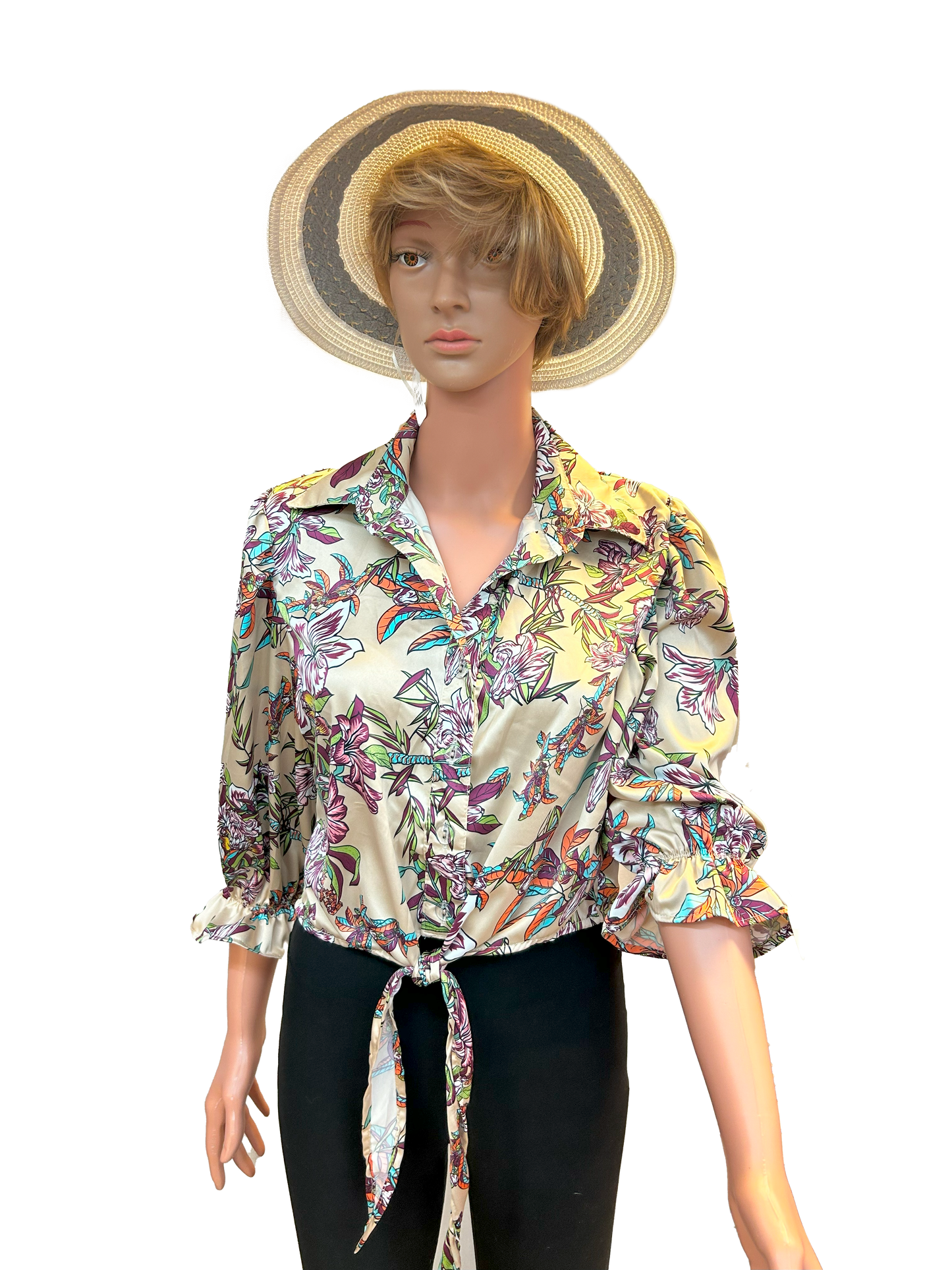 Paw Drazzel Boutique Women's Casualwear, Full Shoulder, Long Sleeve, V Neck, Front Tie Satin Blouse