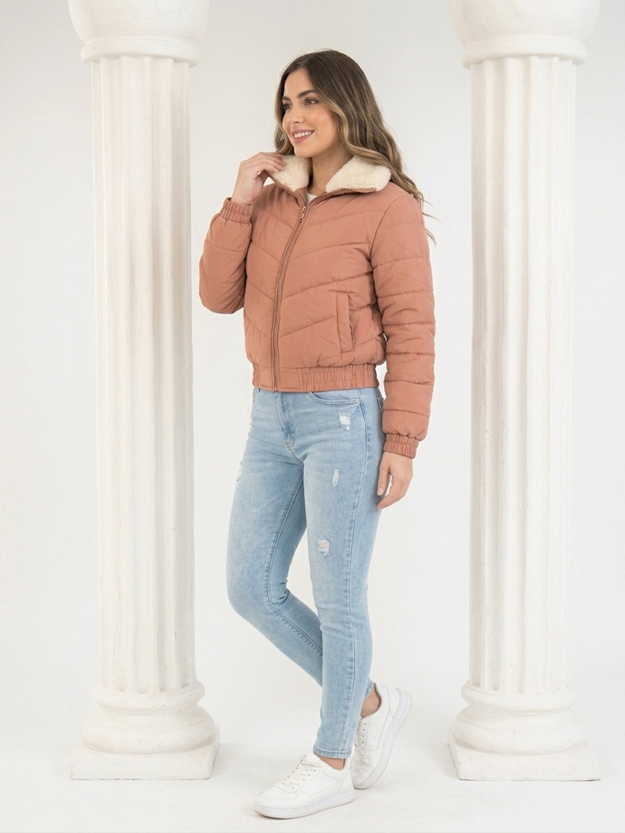 Paw Drazzel Boutique Women's  Casual Outerwear, Hooded Quilted Bomber Coat, Shiny Velour Cropped Puffer Jacket