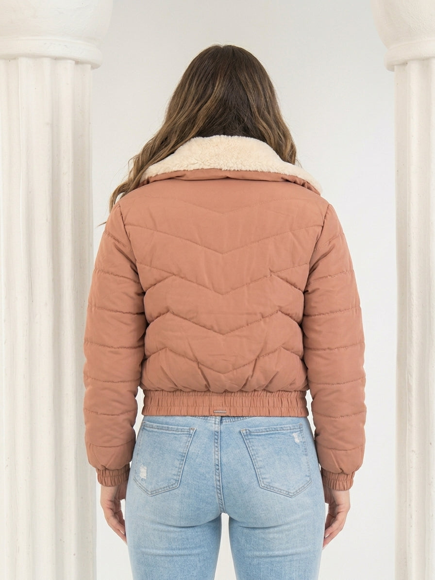 Paw Drazzel Boutique Women's  Casual Outerwear, Hooded Quilted Bomber Coat, Shiny Velour Cropped Puffer Jacket