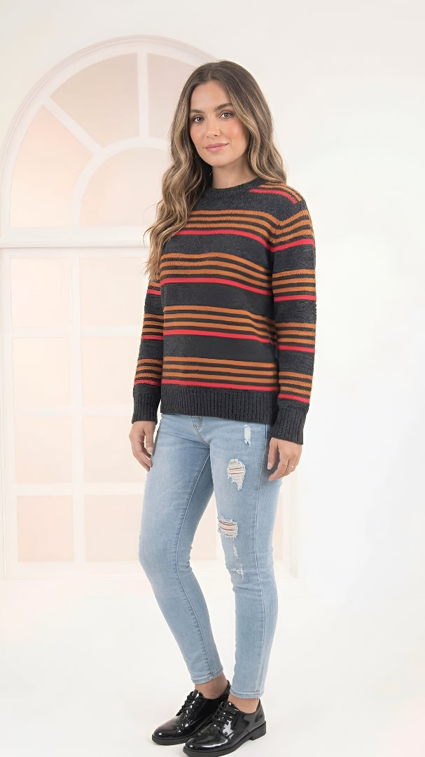 Paw Drazzel Boutique Unisex Striped Knit Sweater, Crew Neck Pullover, Casual Loose Fit
