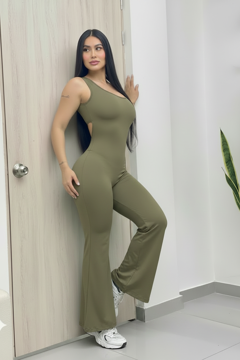 Paw Drazzel Boutique Women's Athletic Wear, Full-Leg, Bellbottoms, Back Cutout, Sleeveless, Scrunch Booty, Workout Bodysuit