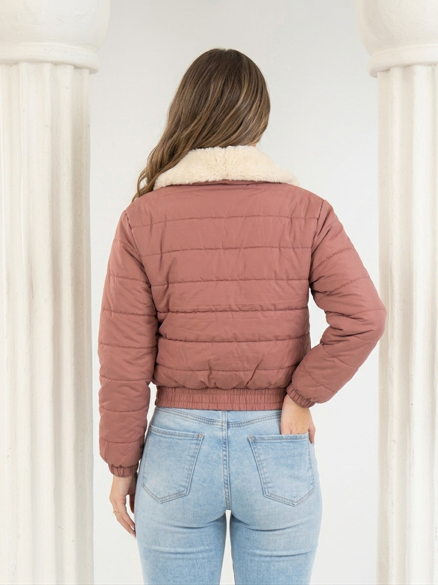 Paw Drazzel Boutique Women's Cropped Puffer Jacket, Faux Fur Collar, Casual Outerwear