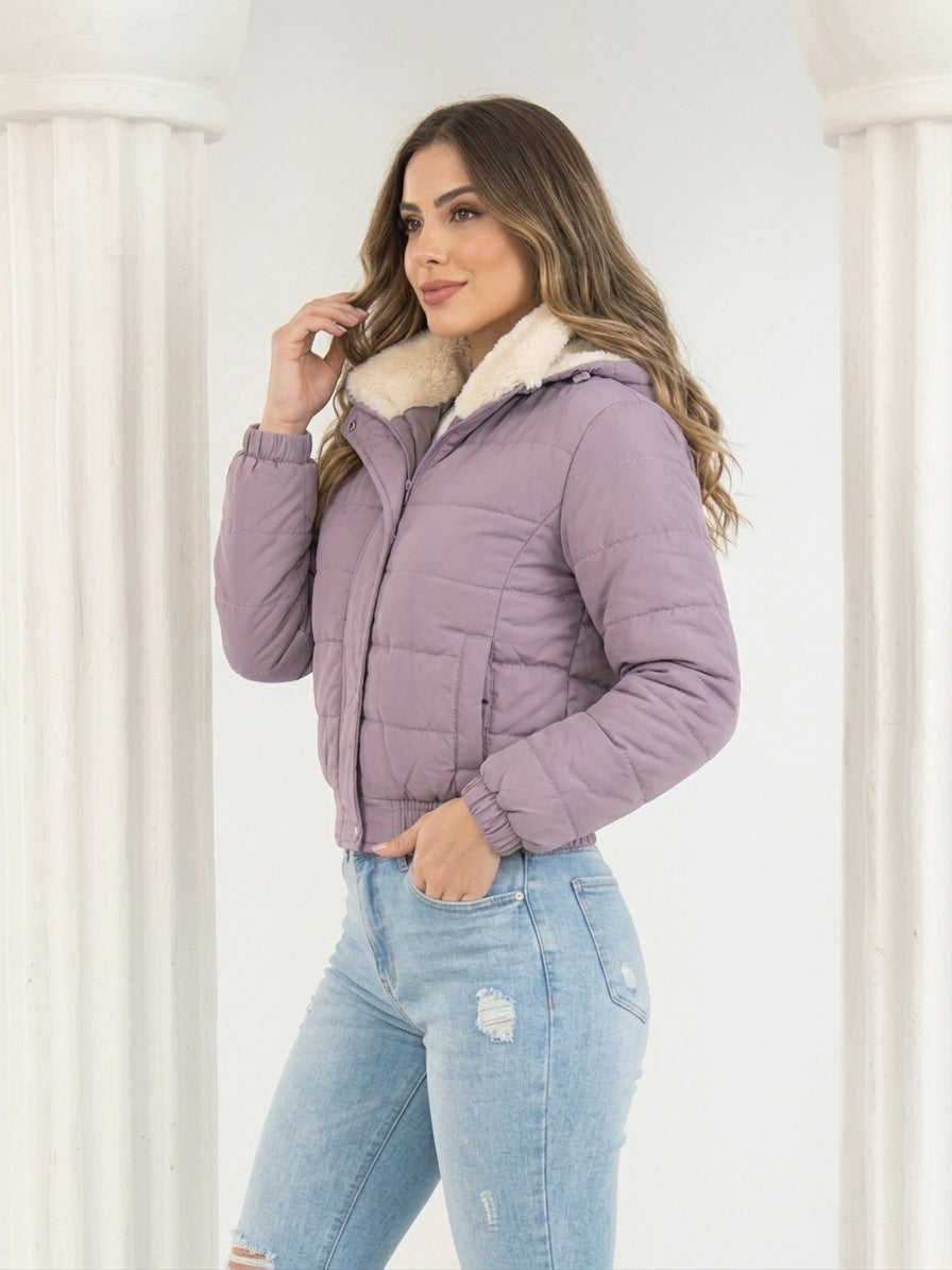 Paw Drazzel Boutique Women's  Casual Outerwear, Hooded Quilted Bomber Coat, Shiny Velour Cropped Puffer Jacket