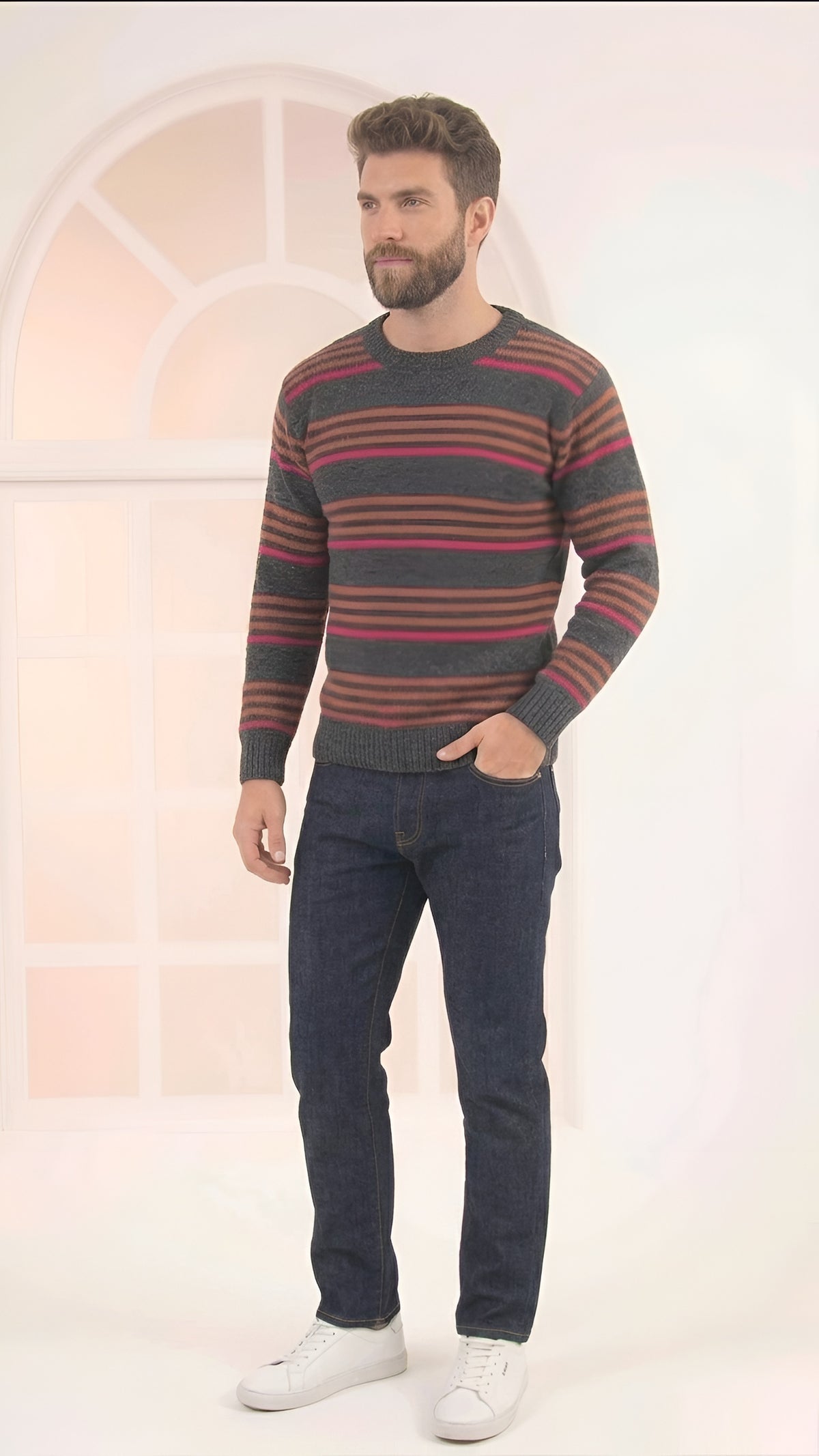 Paw Drazzel Boutique Unisex Striped Knit Sweater, Crew Neck Pullover, Casual Loose Fit
