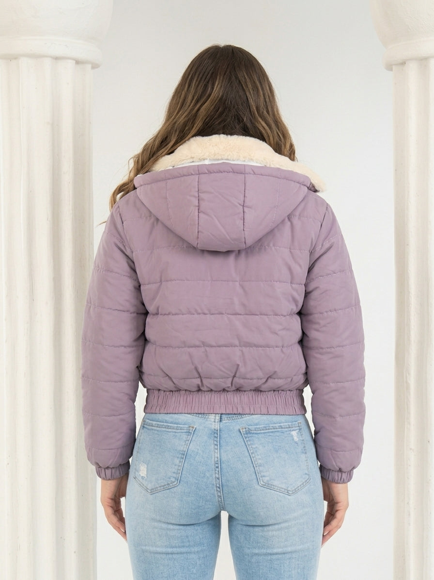 Paw Drazzel Boutique Women's  Casual Outerwear, Hooded Quilted Bomber Coat, Shiny Velour Cropped Puffer Jacket