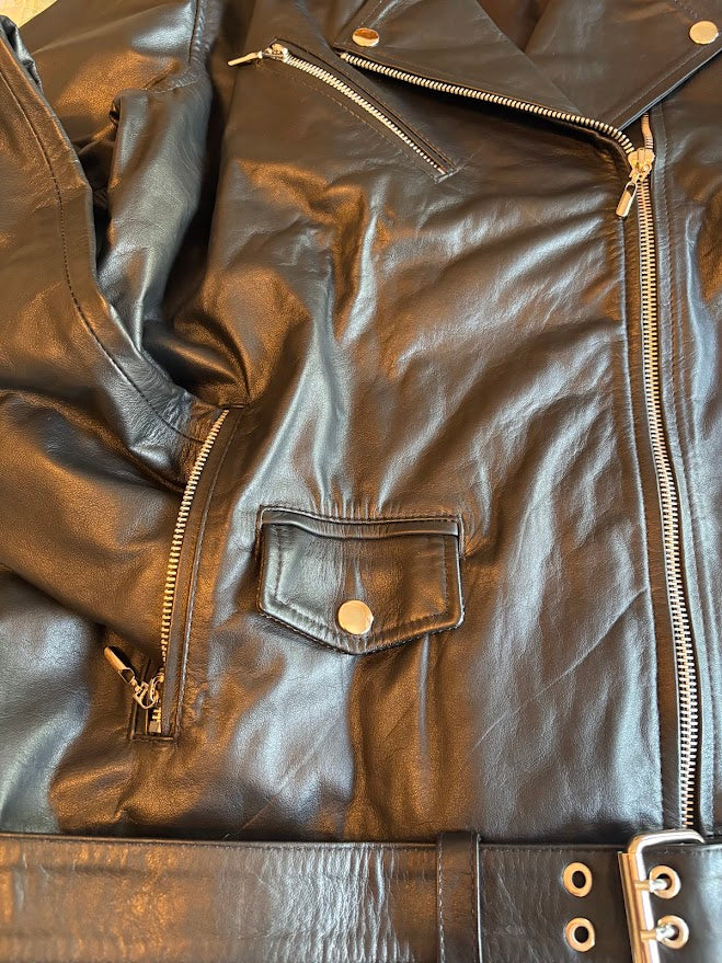 Paw Drazzel Boutique Women's Waist Belted, Silver Hardware, Asymmetrical Front Zipper, Black Moto Napa Leather Jacket