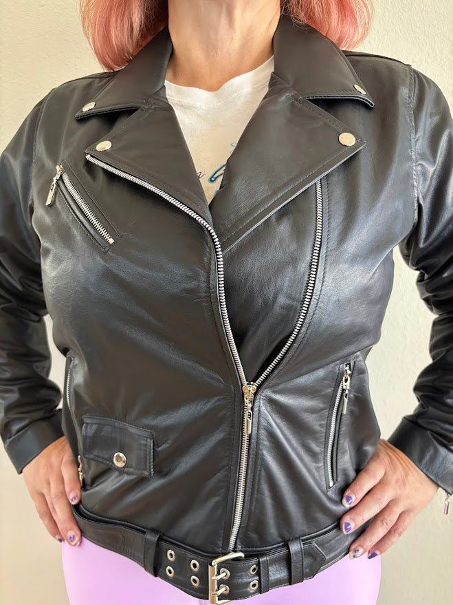 Paw Drazzel Boutique Women's Waist Belted, Silver Hardware, Asymmetrical Front Zipper, Black Moto Napa Leather Jacket