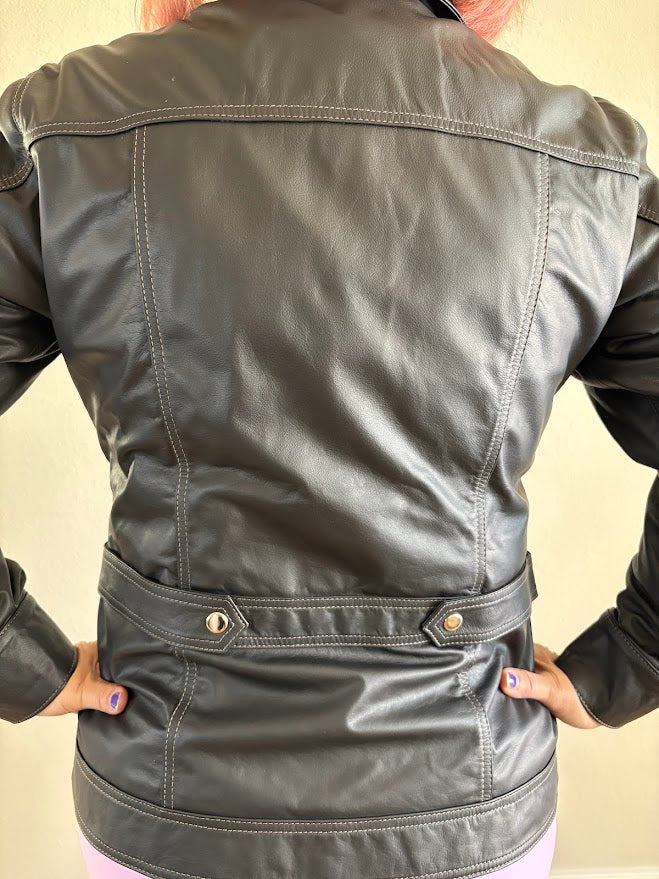 Paw Drazzel Boutique Women's Black Fitted, Snap-Front, Trucker Napa Leather Jacket