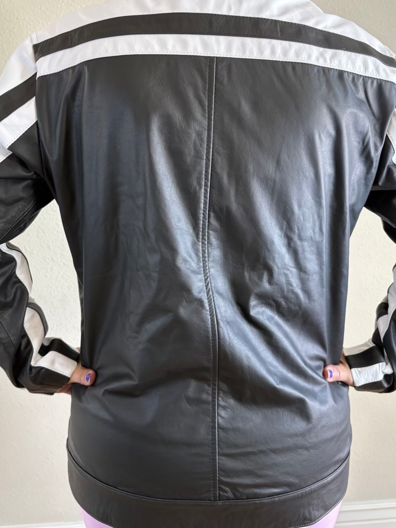 Paw Drazzel Boutique Women's Black and White, Starred, Zip-up, Goatskin, Cafe Racer Jacket