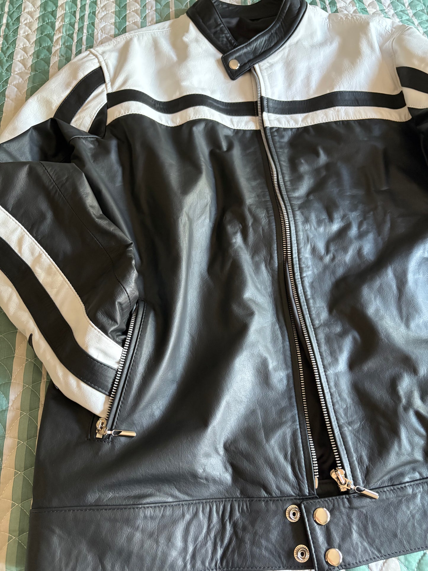 Paw Drazzel Boutique Women's Black and White, Starred, Zip-up, Goatskin, Cafe Racer Jacket