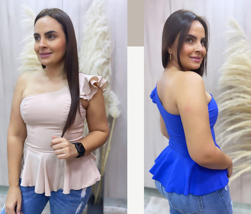 Paw Drazzel Boutique Women's Casualwear, Asymmetrical Shoulder, Ruffle Cap Sleeve Blouse