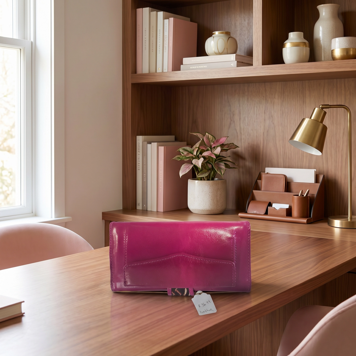 Pink clutch bag on a wooden desk with a bookshelf in the background