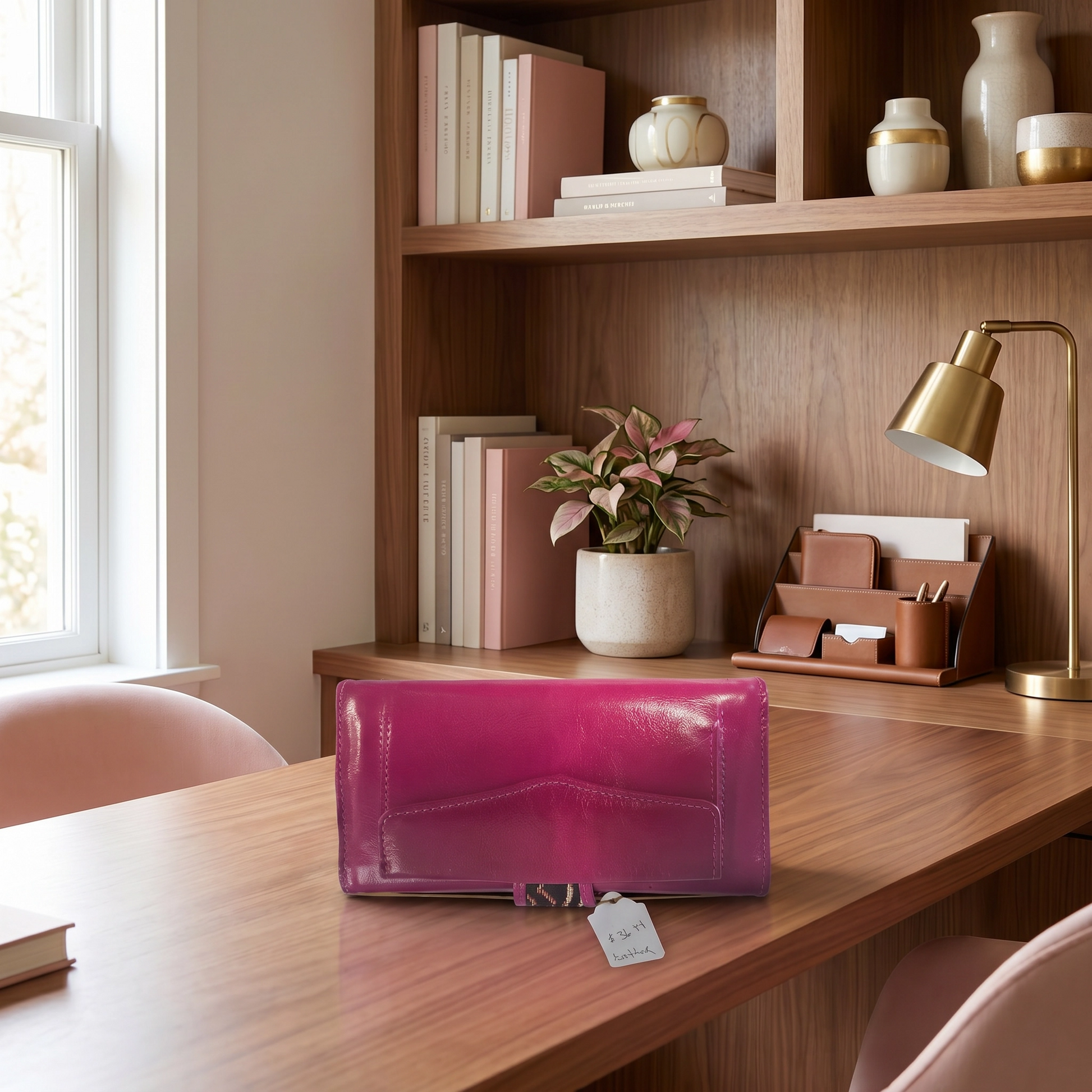 Pink clutch bag on a wooden desk with a bookshelf in the background