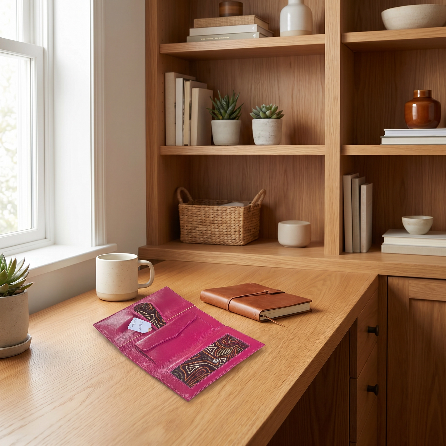 Wooden desk with pink wallet, brown notebook, and white mug in front of a wooden bookshelf.