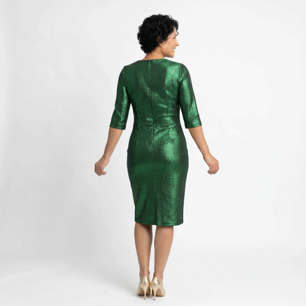 Paw Drazzel Boutique Women's Casualwear, Round Neck, Back Zipper, Three Quarter Sleeve, Straight Waist, Trapeze Day Dress