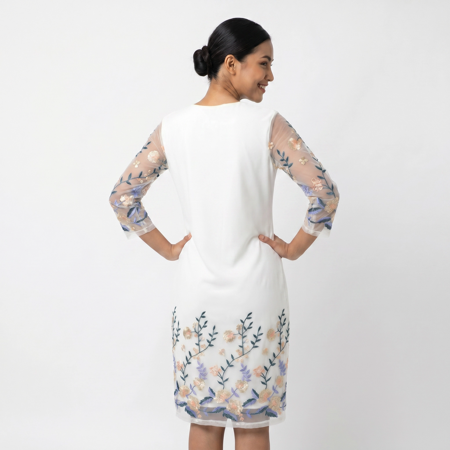 Paw Drazzel Boutique Women's Casualwear, V-Neck, Back Zipper, Three Quarter/Long Sleeve, Straight Waist, Floral Overlay, Embroidered Dress