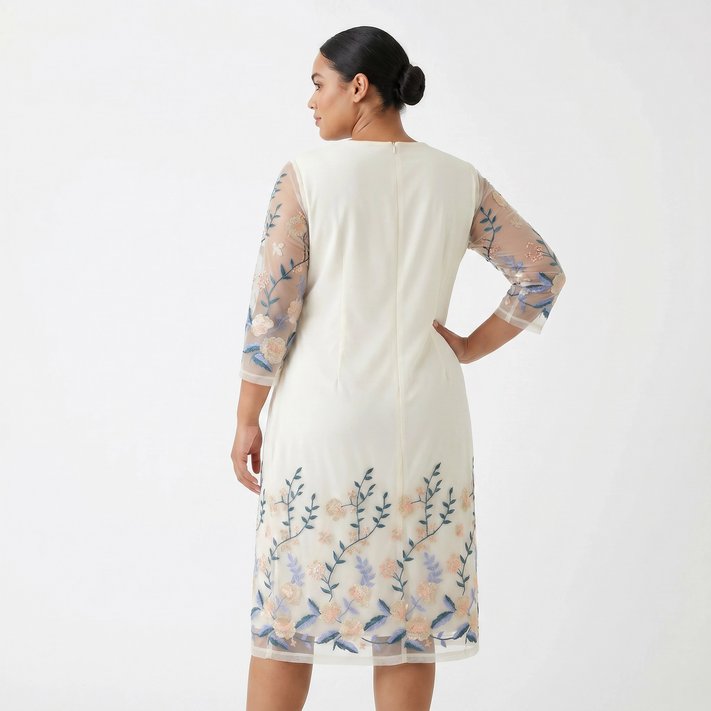Paw Drazzel Boutique Women's Casualwear, V-Neck, Back Zipper, Three Quarter/Long Sleeve, Straight Waist, Floral Overlay, Embroidered Dress