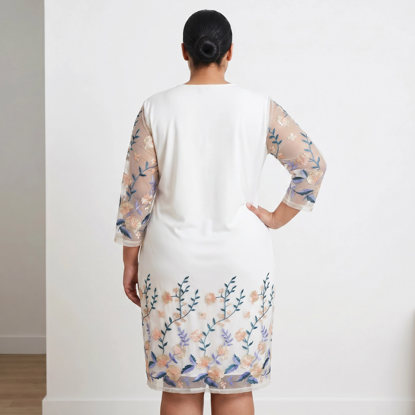 Paw Drazzel Boutique Women's Casualwear, V-Neck, Back Zipper, Three Quarter/Long Sleeve, Straight Waist, Floral Overlay, Embroidered Dress