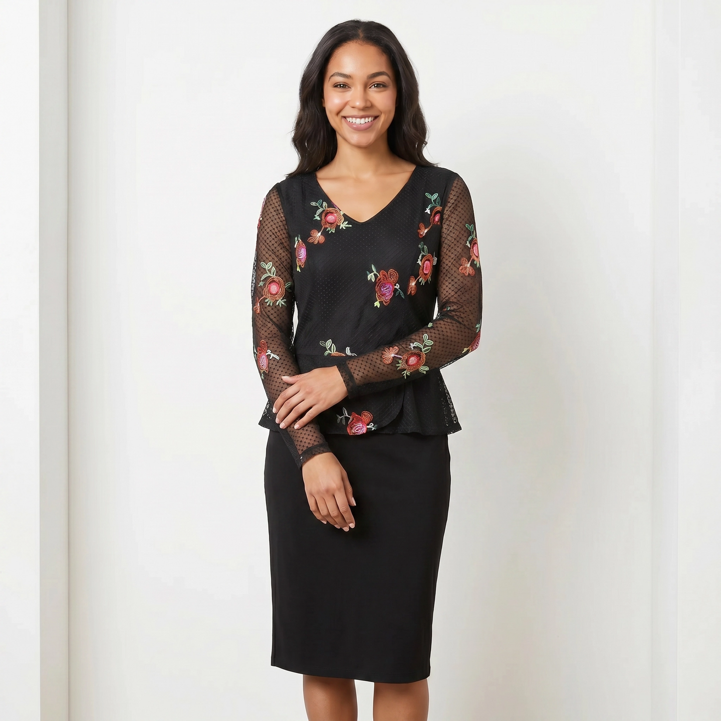 Paw Drazzel Boutique Women's Casualwear, V-Neck, Back Zipper, Three Quarter/Long Sleeve, Straight Waist, Floral Overlay, Embroidered Dress