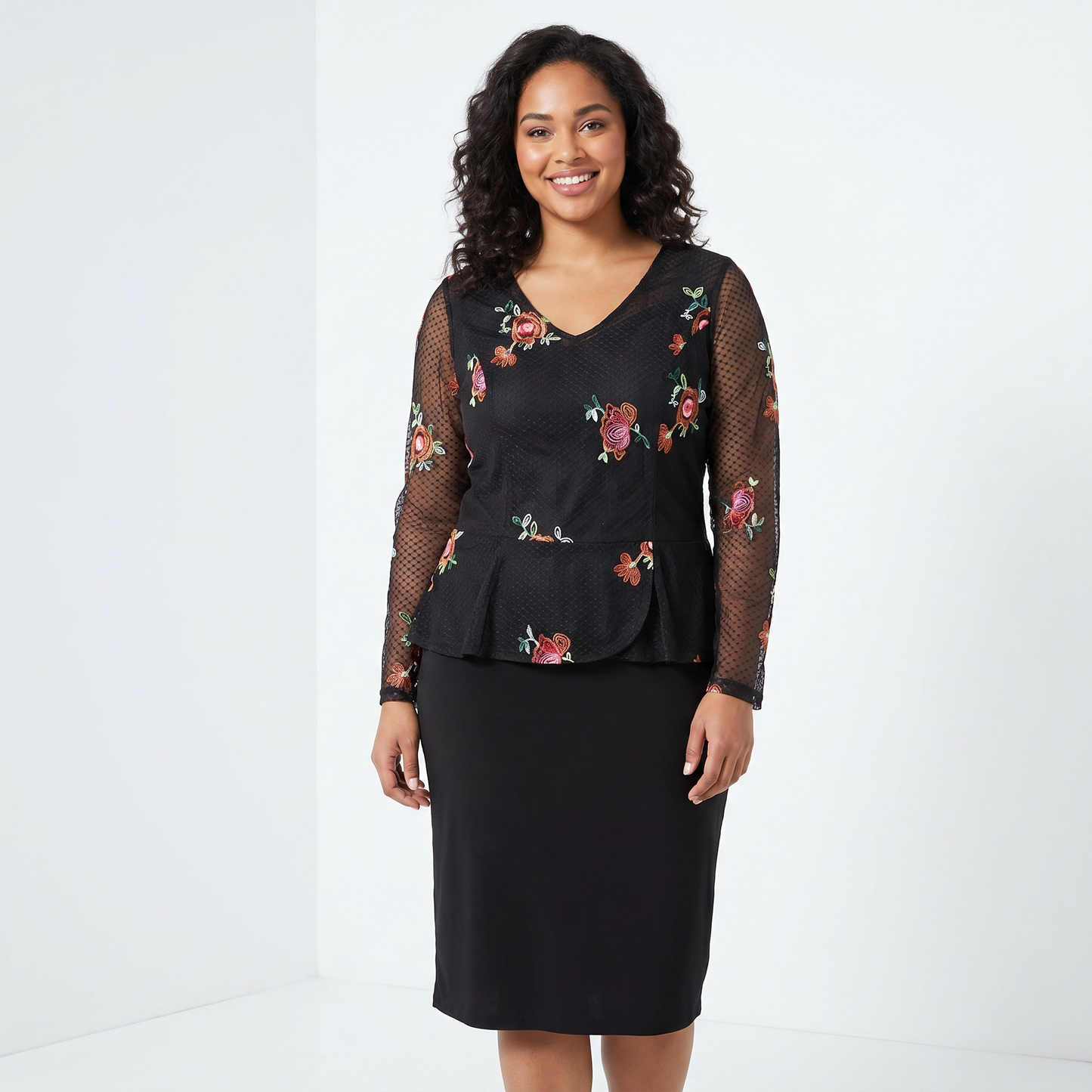 Paw Drazzel Boutique Women's Casualwear, V-Neck, Back Zipper, Three Quarter/Long Sleeve, Straight Waist, Floral Overlay, Embroidered Dress