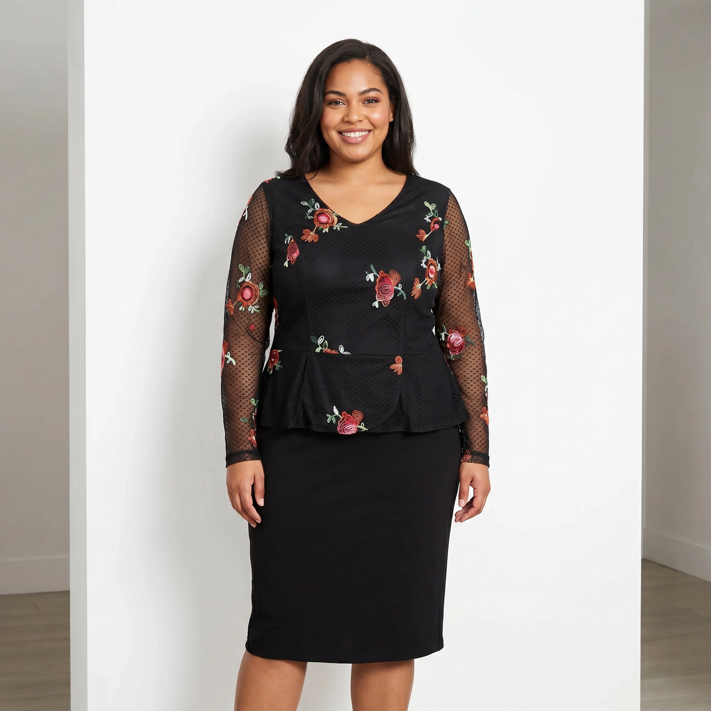 Paw Drazzel Boutique Women's Casualwear, V-Neck, Back Zipper, Three Quarter/Long Sleeve, Straight Waist, Floral Overlay, Embroidered Dress