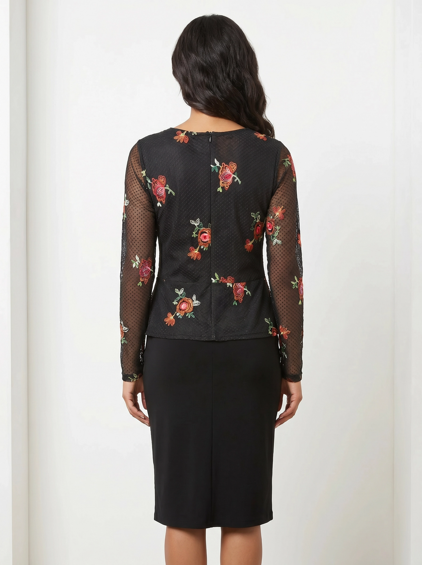 Paw Drazzel Boutique Women's Casualwear, V-Neck, Back Zipper, Three Quarter/Long Sleeve, Straight Waist, Floral Overlay, Embroidered Dress
