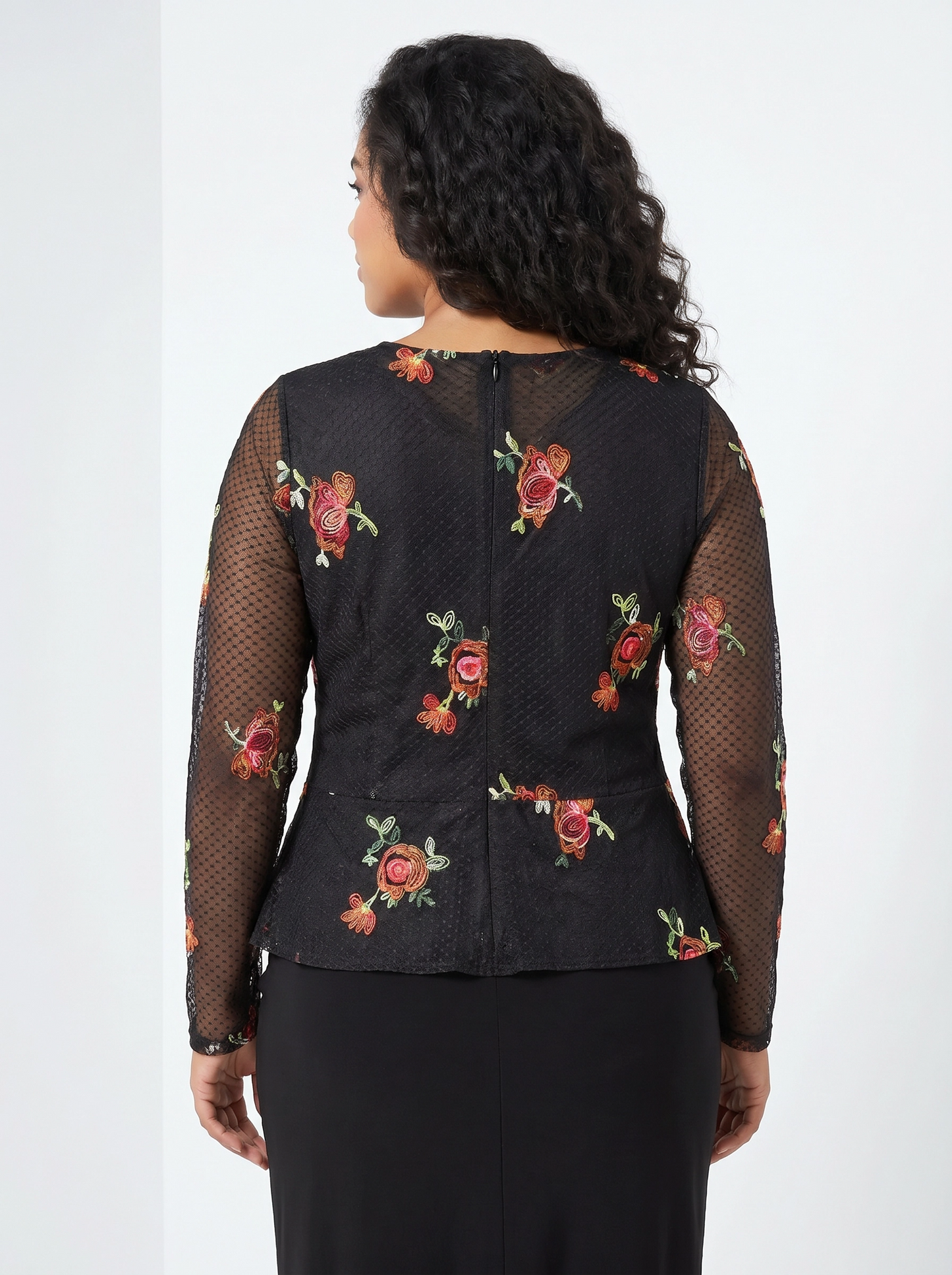 Paw Drazzel Boutique Women's Casualwear, V-Neck, Back Zipper, Three Quarter/Long Sleeve, Straight Waist, Floral Overlay, Embroidered Dress