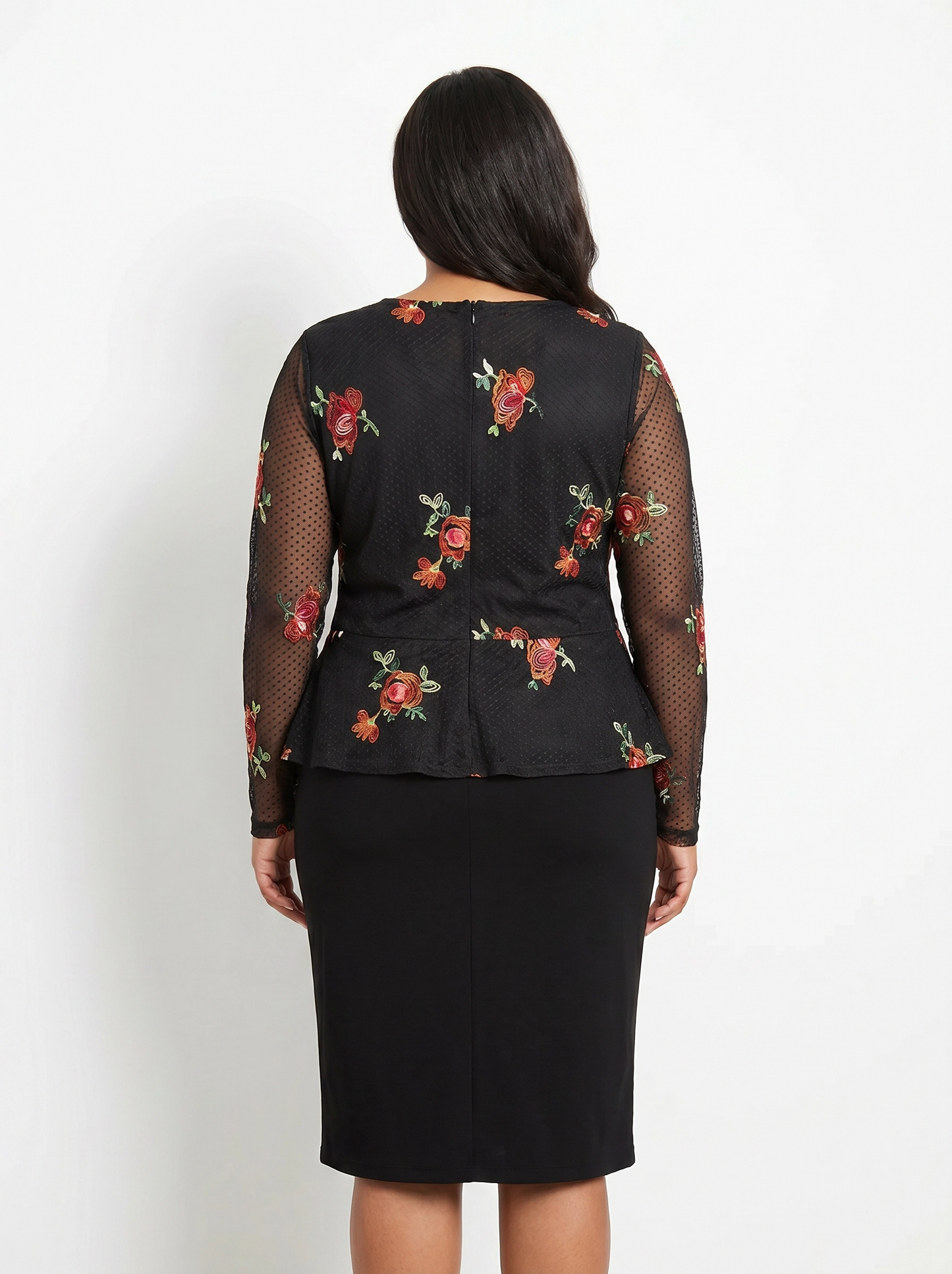 Paw Drazzel Boutique Women's Casualwear, V-Neck, Back Zipper, Three Quarter/Long Sleeve, Straight Waist, Floral Overlay, Embroidered Dress