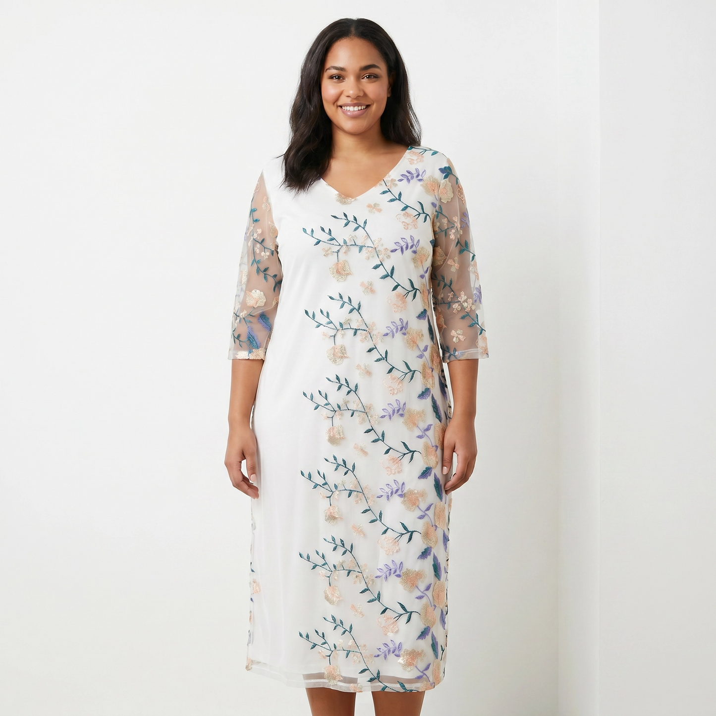 Paw Drazzel Boutique Women's Casualwear, V-Neck, Back Zipper, Three Quarter/Long Sleeve, Straight Waist, Floral Overlay, Embroidered Dress