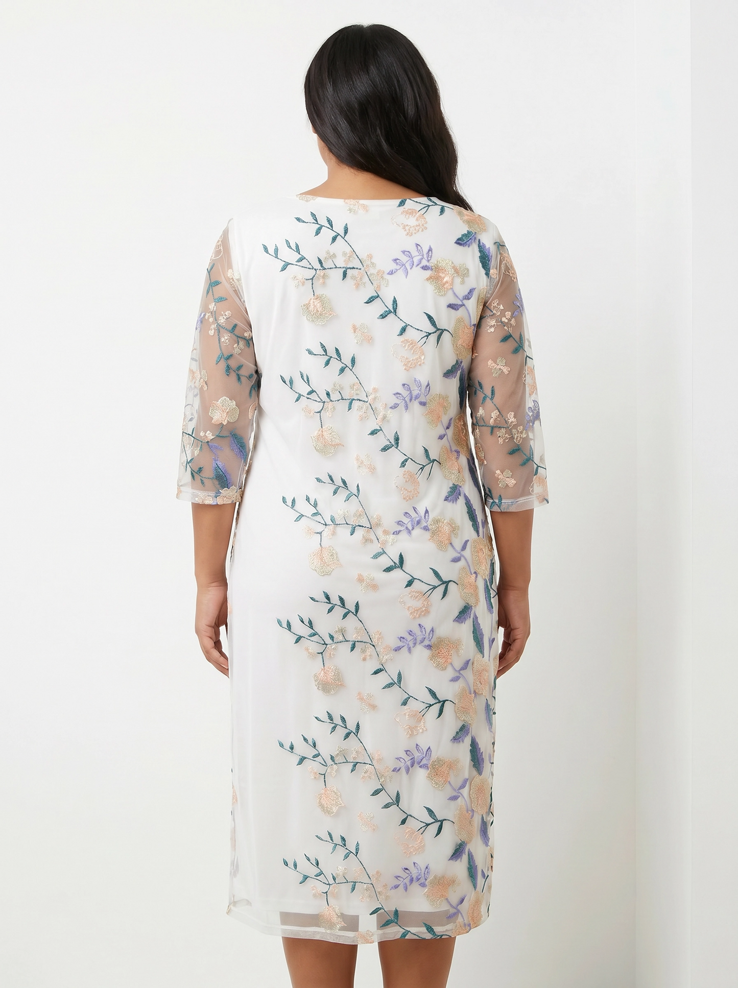 Paw Drazzel Boutique Women's Casualwear, V-Neck, Back Zipper, Three Quarter/Long Sleeve, Straight Waist, Floral Overlay, Embroidered Dress