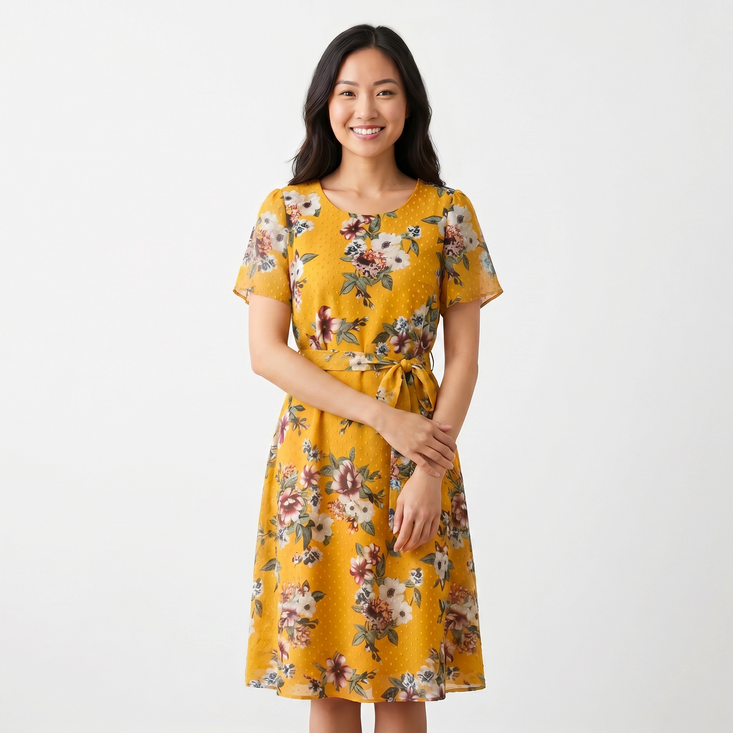 Paw Drazzel Boutique Women's Casualwear, Round Neck, Back Zipper, Circular Cup Sleeve, Tie Down Waist, Flutter Dress