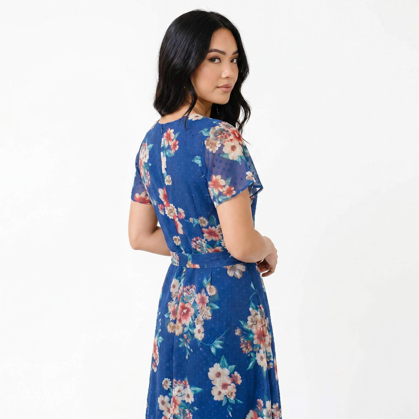 Paw Drazzel Boutique Women's Casualwear, Round Neck, Back Zipper, Circular Cup Sleeve, Tie Down Waist, Flutter Dress