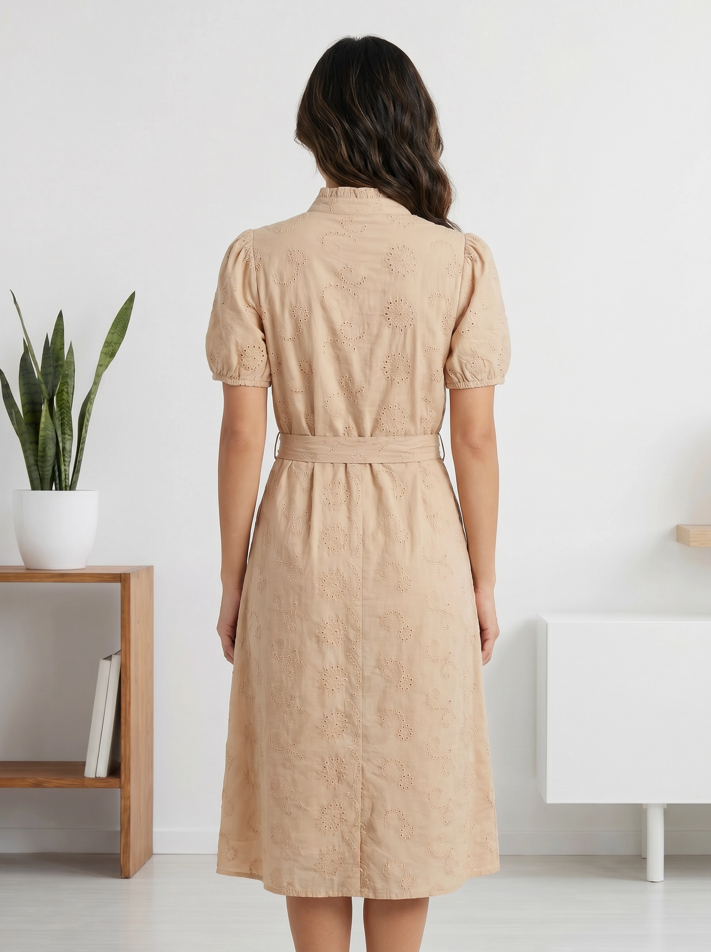 Paw Drazzel Boutique Women's Casualwear, Round Neck, Back Zipper, Circular Cup Sleeve, Tie Down Waist, Flutter Dress