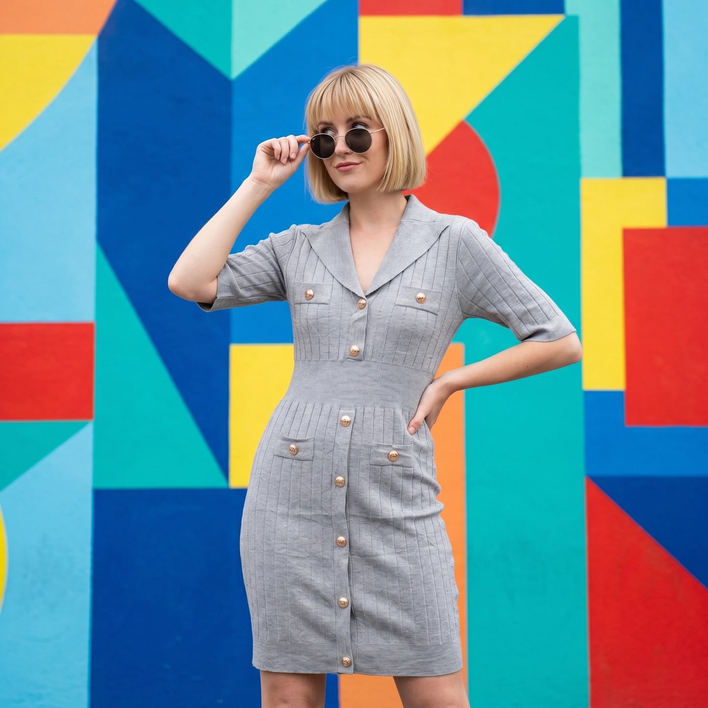 Paw Drazzel Boutique Women's Casualwear, V-Neck, Panel Stitching, Three Quarter Sleeve, Elastic Waist Line, Button-Front Dress