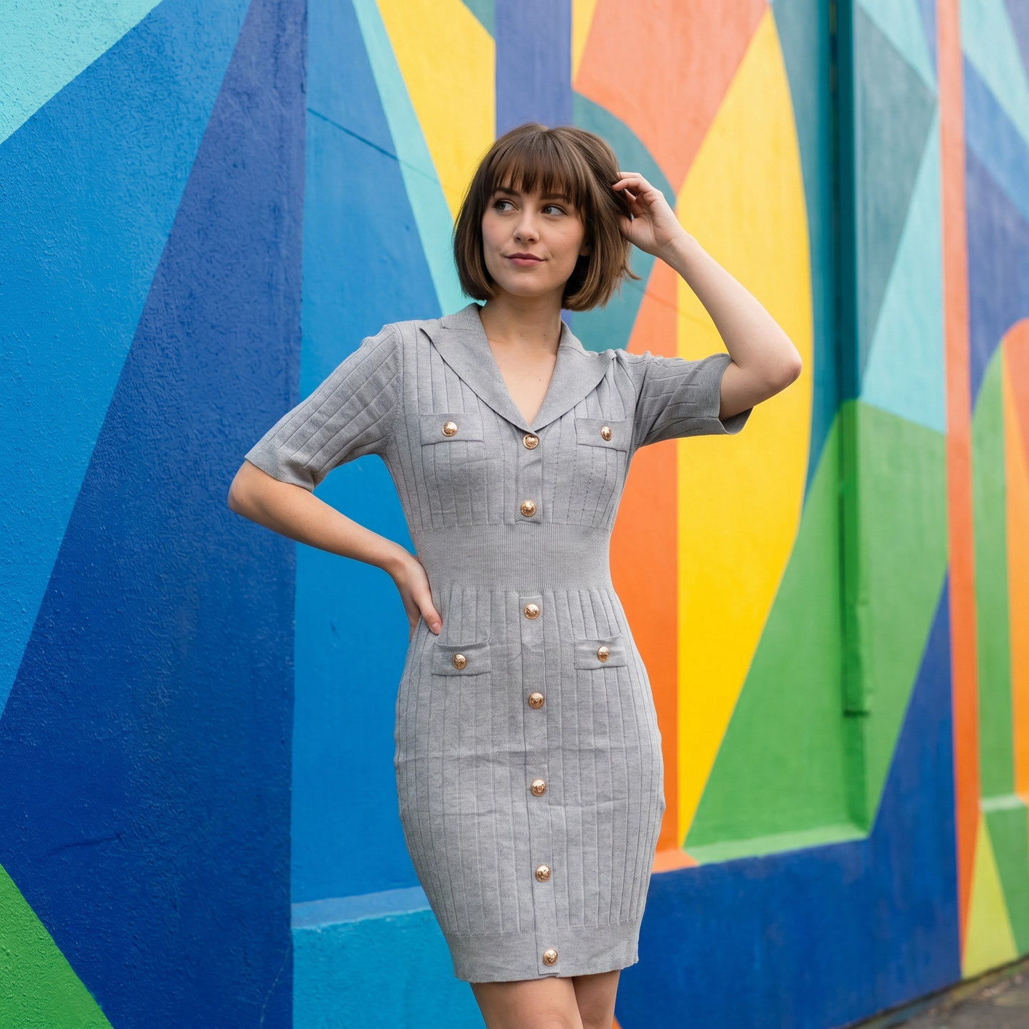 Paw Drazzel Boutique Women's Casualwear, V-Neck, Panel Stitching, Three Quarter Sleeve, Elastic Waist Line, Button-Front Dress