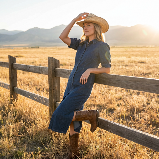 Paw Drazzel Boutique Women's Casualwear, V-Neck, Button-Up, Short Sleeve, Straight Waist, Buttonway Chambray Dress